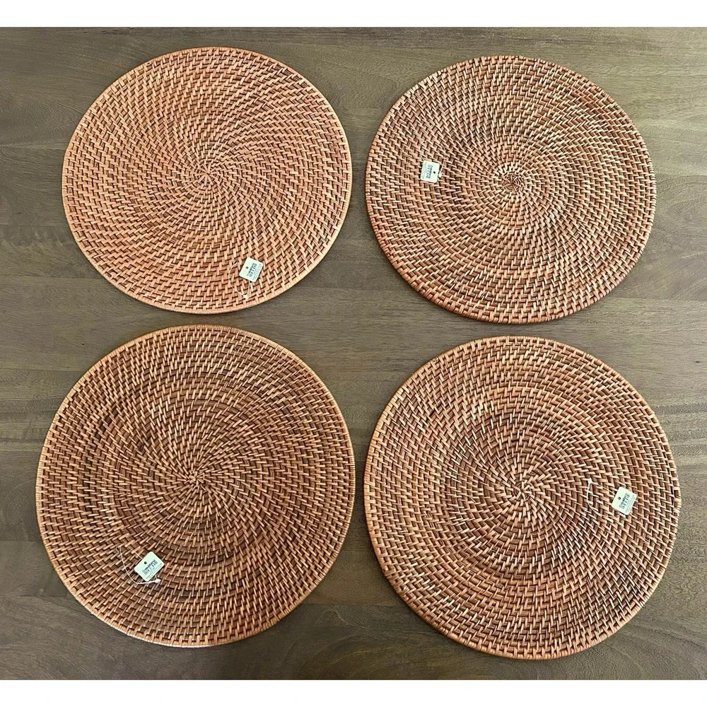 Crate & Barrel Artesia Round Honey Woven Rattan Placemats Set Of 4 NEW Cottage